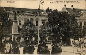 1911 Versec, Werschetz, Vrsac; Andrássy tér, Honvéd szobor, kaszinó. Fl. Schiopu kiadása / Andrássy...