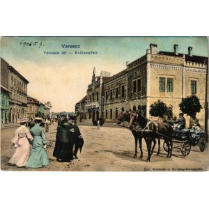 1905 Versec, Werschetz, Vrsac; Városház tér. Özv. Kirchner J. E. kiadása. Montázs lovaskocsival és hölgyekkel / square...