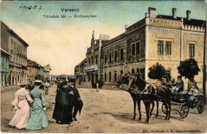 1905 Versec, Werschetz, Vrsac; Városház tér. Özv. Kirchner J. E. kiadása. Montázs lovaskocsival és hölgyekkel / Platz...