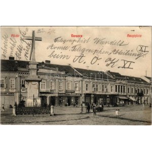 1915 Versec, Werschetz, Vrsac; Fő tér, mészáros üzlet, B. Scherter, Josef Unger, Schwartz S. üzlete. Kirchner J. E..