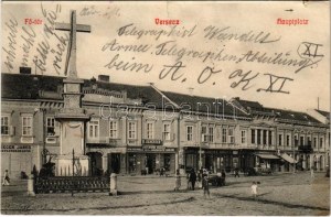 1915 Versec, Werschetz, Vrsac; Fő tér, mészáros üzlet, B. Scherter, Josef Unger, Schwartz S. üzlete. Kirchner J. E..