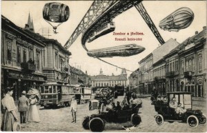 1911 Zombor, Sombor ; A jövőben montázs. Kossuth Lajos utca, Singer S. és Deutsch üzlete. Kaufmann Emil kiadása ...