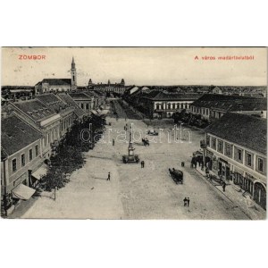 1911 Zombor, Sombor ; a város madártávlatból, üzletek. Kaufmann Emil kiadása / vue générale, magasins (EK...