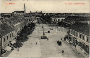 1911 Zombor, Sombor ; a város madártávlatból, üzletek. Kaufmann Emil kiadása / vue générale, magasins (EK...