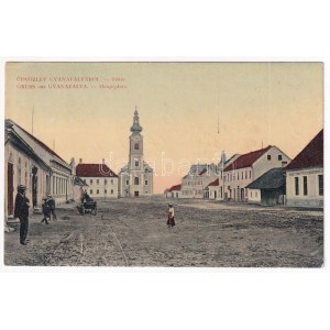 1918 Gyanafalva, Jennersdorf ; Fő tér, templom, hentes üzlete. Sbüll F. István kiadása / Hauptplatz, Kirche...