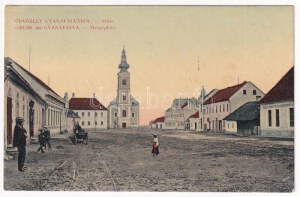 1918 Gyanafalva, Jennersdorf ; Fő tér, templom, hentes üzlete. Sbüll F. István kiadása / Hauptplatz, Kirche...