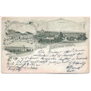 1904 Nagymarton, Mattersdorf, Mattersburg; Fő tér, vasúti híd, gőzmozdony, vonat / Hauptplatz, Eisenbahnbrücke ...