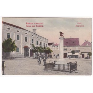 1909 Rohonc, Rechnitz; Fő tér, szobor, Schönwald Mór üzlete. W.L. Bp. 2388. Stelczer Adolf kiadása / Hauptplatz...