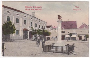 1909 Rohonc, Rechnitz; Fő tér, szobor, Schönwald Mór üzlete. W.L. Bp. 2388. Stelczer Adolf kiadása / Hauptplatz ...