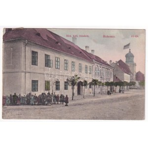 1918 Rohonc, Rechnitz; Római katolikus fiú iskola, Fő tér / Jungenschule, Hauptplatz / scuola maschile, piazza principale (vágott ...