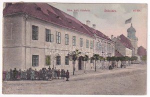 1918 Rohonc, Rechnitz; Római katolikus fiú iskola, Fő tér / Jungenschule, Hauptplatz / scuola maschile, piazza principale (vágott ...