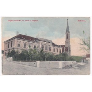 1910 Rohonc, Rechnitz; Szejbely Gyula tér, evangélikus iskola és templom. Stern József kiadása / Platz, Schule, Kirche ...