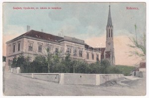 1910 Rohonc, Rechnitz; Szejbely Gyula tér, evangélikus iskola és templom. Stern József kiadása / Platz, Schule, Kirche ...
