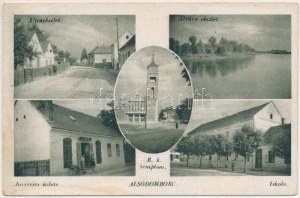 1944 Alsódomboru, Donja Dubrava ; utca, Dráva folyó, iskola, római katolikus templom, Jovicsics Elemér üzlete / street...