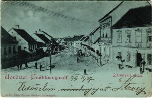1899 (Vorläufer) Csáktornya, Cakovec ; Zalaújvári utca este. Fischel Fülöp (Strausz Sándor) kiadása / street at night ...