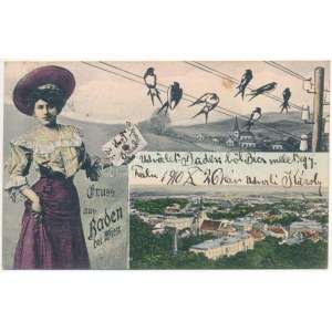 1910 Baden bei Wien. Montage with lady and swallows (fl)