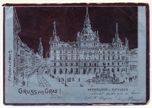 1899 (Vorläufer) Graz, Herrengasse u. Rathaus. F. Fischer / town hall, street. Art Nouveau metallic foil (EB...