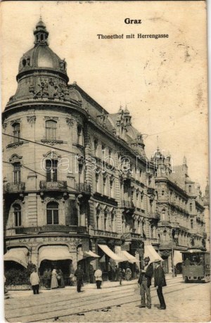 1906 Graz, Cafe Thonethof mit Herrengasse, Zahnarzt / Cafe, Straße, Straßenbahn, Zahnarzt, Geschäfte (Rb)