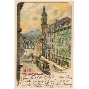 1899 (Vorläufer) Innsbruck (Tirol), Maria Theresienstrasse mit Triumphpforte und Serles oder Waldrastspitze ...