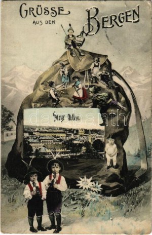 Steyr, Grüsse aus den Bergen / Montage with backpack and hiking children (small tear)