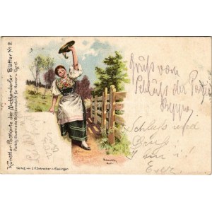1898 (Vorläufer) Tirol, Künstler-Postkarte der Meggendorfer Blätter No. 2. / Tyrolský folklór. Secese, litografie s...