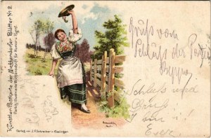 1898 (Vorläufer) Tirol, Künstler-Postkarte der Meggendorfer Blätter No. 2. / Tirolský folklór. Secesia, litografia s...