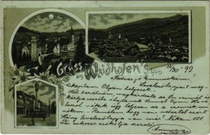 1899 (Vorläufer) Waidhofen an der Ybbs, Schloss u. Kirche, Mariensäule am ob. Stadtplatz / zámok, kostol, celkový pohľad...