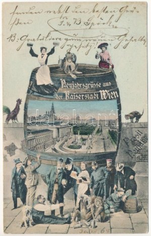 1904 Wien, Vienna, Bécs; Neujahrsgrüsse aus der Kaiserstadt Wien / Saluto al nuovo anno Montaggio in stile liberty con...