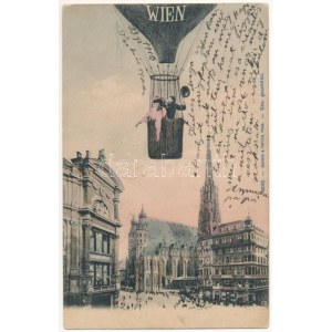 1912 Wien, Vienne, Bécs ; Montage avec montgolfière, dame et monsieur (EK)