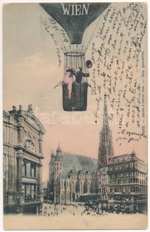 1912 Wien, Vienne, Bécs ; Montage avec montgolfière, dame et monsieur (EK)