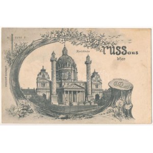 1907 Wiedeń, Wiedeń, Bécs; Karlskirche. Gruss aus Wien / Art Nouveau, kwiatowa rama z pniem drzewa (fl...