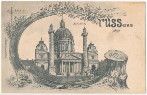 1907 Wien, Vídeň, Bécs; Karlskirche. Gruss aus Wien / Secese, květinový rám s kmenem stromu (fl...