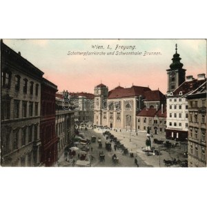 1908 Wien, Vienna, Bécs; Freyung, Schottenpfarrkirche und Schwanthaler Brunnen, Apotheke / chiesa parrocchiale, fontana...