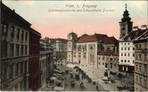 1908 Wien, Vienna, Bécs ; Freyung, Schottenpfarrkirche und Schwanthaler Brunnen, Apotheke / église paroissiale, fontaine...