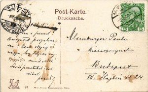 1908 Wien, Viedeň, Bécs; Freyung, Schottenpfarrkirche und Schwanthaler Brunnen, Apotheke / farský kostol, fontána...