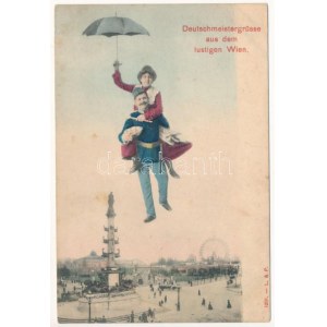 1906 Wien, Vienna, Bécs; Deutschmeistergrüsse aus dem lustigen Wien. Prater / amusement park. Montage with K.u.K...