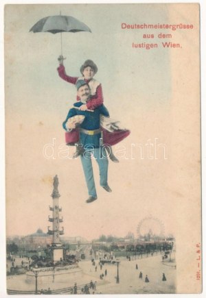 1906 Wien, Vienna, Bécs; Deutschmeistergrüsse aus dem lustigen Wien. Prater / park rozrywki. Montaż z K.u.K..