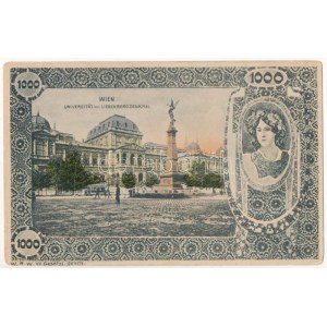 Wien, Vienna, Bécs; Universität mit Liebenbergdenkmal / università, monumento, tram. Cornice in stile Art Nouveau con...