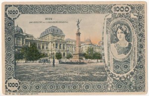 Wien, Vienna, Bécs; Universität mit Liebenbergdenkmal / university, monument, tram. Art Nouveau frame with Austro...