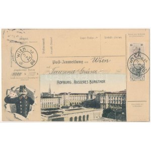 1907 Wien, Vídeň, Bécs; Hofburg. Äusseres Burgtor. Tausend Grüsse / královský zámek...