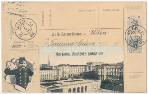 1907 Wien, Vídeň, Bécs; Hofburg. Äusseres Burgtor. Tausend Grüsse / královský zámek...