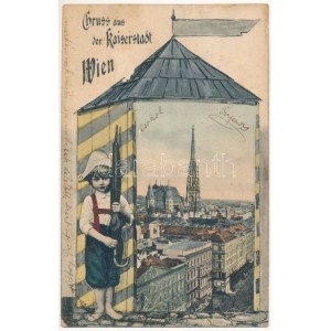 1907 Wien, Vienna, Bécs; Gruss aus der Kaiserstadt / Montaggio con ragazzo e ombrello (fl)