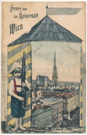 1907 Wien, Viedeň, Bécs; Gruss aus der Kaiserstadt / Montáž s chlapcom a dáždnikom (fl)