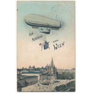 1909 Wien, Vienna, Bécs; Ein Ausflug nach Wien / Podróż do Wiednia. Montaż ze sterowcem i damą. B.K.W.I. (fl...