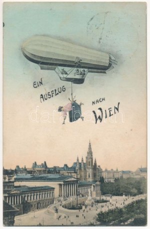 1909 Wien, Wien, Bécs; Ein Ausflug nach Wien / A trip to Vienna. Montage mit Luftschiff und Dame. B.K.W.I. (fl...