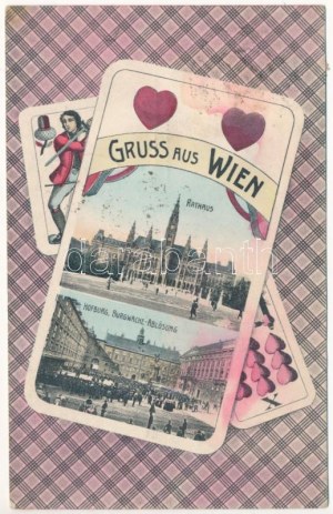 1907 Wien, Wien, Bécs; Gruss aus Wien. Rathaus, Hofburg, Burgwache-Ablösung. E.B.W.I. Lederer & Popper/Rathaus...