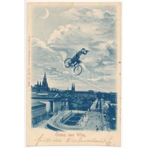 1899 (Vorläufer) Wien, Wien, Bécs; Gruss aus / Montage mit Dame auf einem Fahrrad in der Luft bei Nacht (Schnitt...