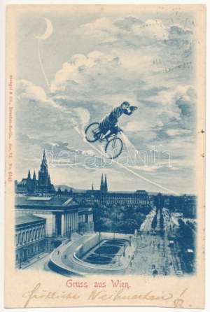 1899 (Vorläufer) Wien, Vienna, Bécs; Gruss aus / Montage with lady on a bicycle in the air at night (cut...