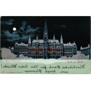 1900 Wien, Wien, Bécs I. Neues Rathhaus / new town hall at night. C. Ledermann Jugendstil-Lithographie (EK...