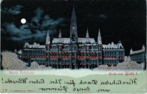 1900 Wien, Vídeň, Bécs I. Neuen Rathhaus / nová radnice v noci. C. Ledermann secesní litografie (EK...